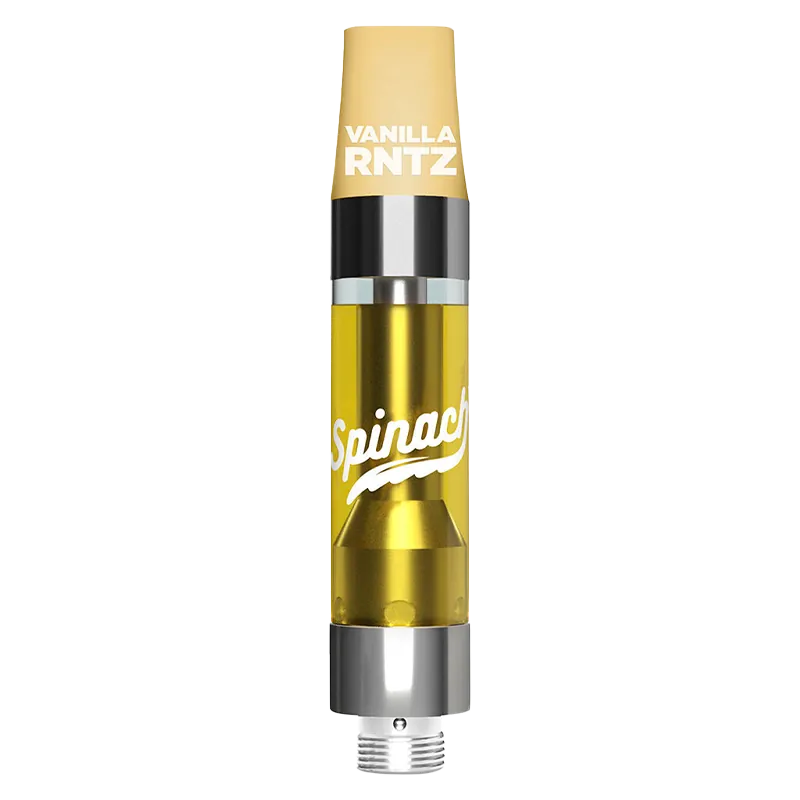 Straight-on close-up of a vanilla-colored Vanilla RNTZ Liquid Diamonds Vape Cartridge showing its clear golden tank and silver base.