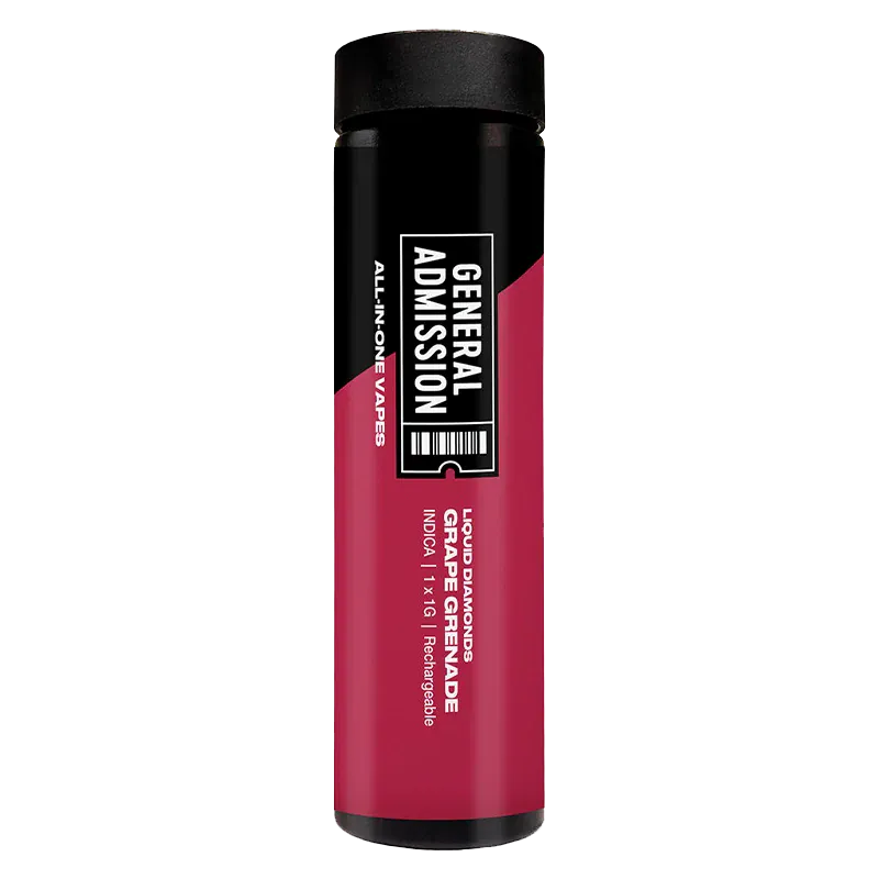Straight-on view of a pink and black tube labeled General Admission Grape Grenade Liquid Diamond Disposable Vape against white.