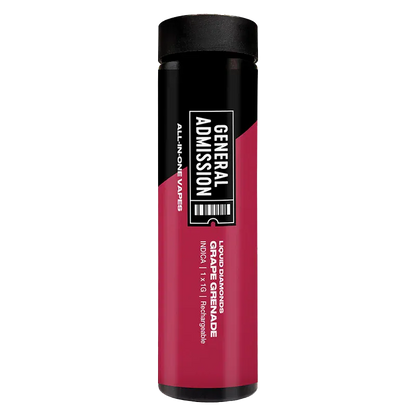 Straight-on view of a pink and black tube labeled General Admission Grape Grenade Liquid Diamond Disposable Vape against white.