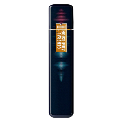 Front-facing shot of the Grape Grenade Liquid Diamond Disposable Vape showing a dark blue body with a centered orange "GENERAL ADMISSION" ticket graphic and subtle gradient light ripples.