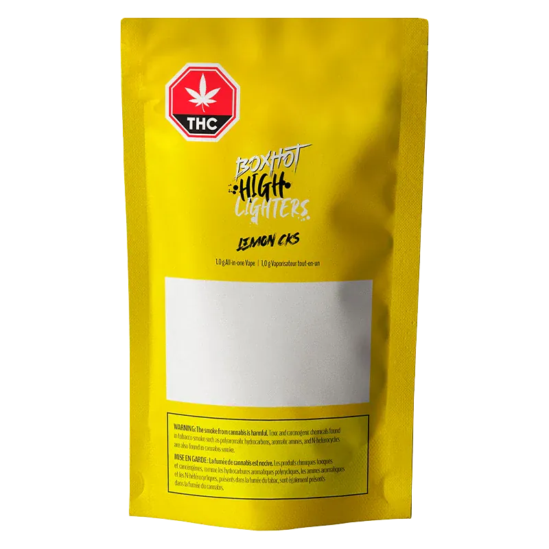 Front-facing shot of the bright yellow Highlighters Lemon Cks All-In-One Disposable Vape pouch with centered logo and blank white label.