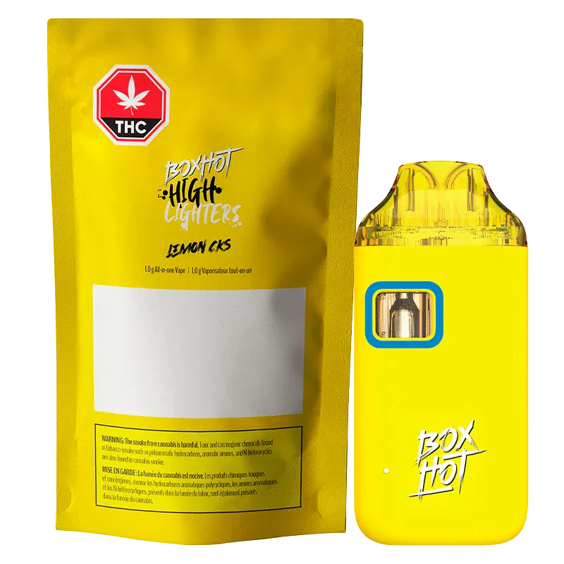 Front view of the bright yellow Highlighters Lemon Cks All-In-One Disposable Vape and its matching foil pouch against a white background.
