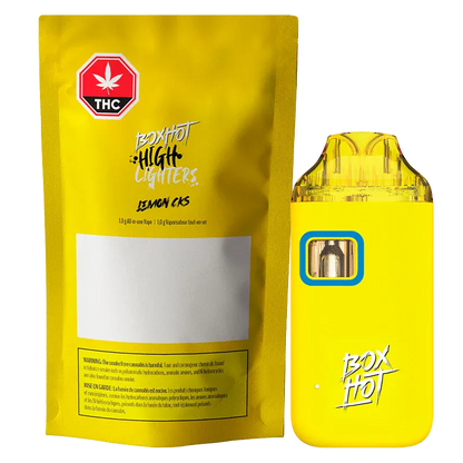 Front view of the bright yellow Highlighters Lemon Cks All-In-One Disposable Vape and its matching foil pouch against a white background.