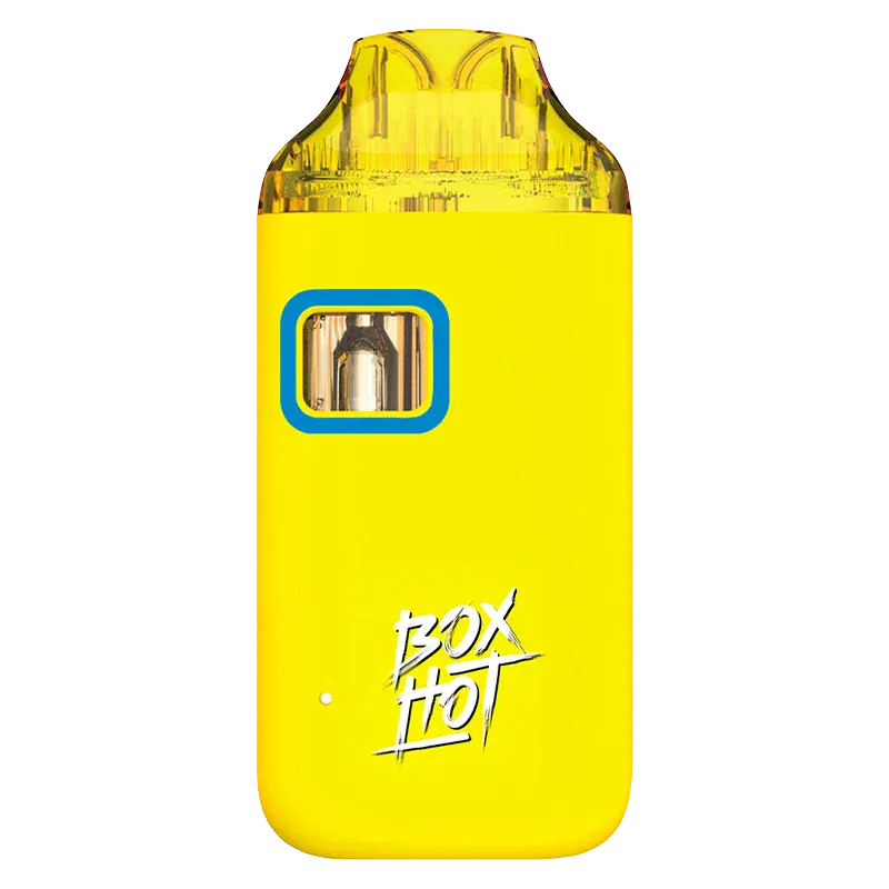 Front-facing view of the bright yellow Highlighters Lemon Cks All-In-One Disposable Vape with a translucent top, square window showing the cartridge, and "BOX HOT" logo.