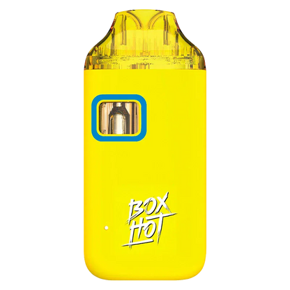 Front-facing view of the bright yellow Highlighters Lemon Cks All-In-One Disposable Vape with a translucent top, square window showing the cartridge, and "BOX HOT" logo.