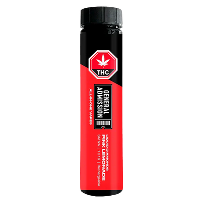 Center-frontal view of a red-and-black tube labeled "Pink Lemonade Liquid Diamond Blend All-In-One Disposable Vape" with a black cap and THC symbol.