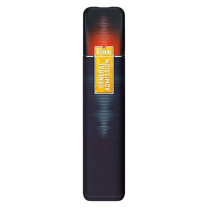 Top-down view of a slim device labeled "GENERAL ADMISSION" with orange gradient light at the top, the Pink Lemonade Liquid Diamond Blend All-In-One Disposable Vape centered on white.
