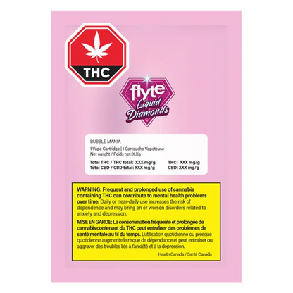 Centered front view of the pink packaging for Bubble Mania Ice Liquid Diamond Vape Cartridge showing a THC stop-sign icon, Flyte Liquid Diamonds logo, and a yellow warning box.