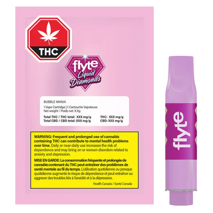Right-side view of the Bubble Mania Ice Liquid Diamond Vape Cartridge and pink Flyte Liquid Diamonds pouch shown against a white background.