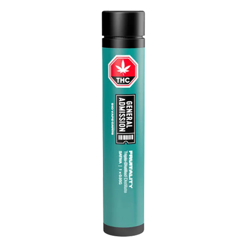 Straight-on view of a teal cylindrical Fruitality Vape Cartridge tube with a black cap and prominent "GENERAL ADMISSION" label.