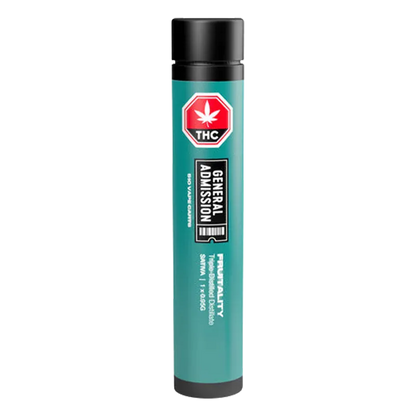 Straight-on view of a teal cylindrical Fruitality Vape Cartridge tube with a black cap and prominent "GENERAL ADMISSION" label.