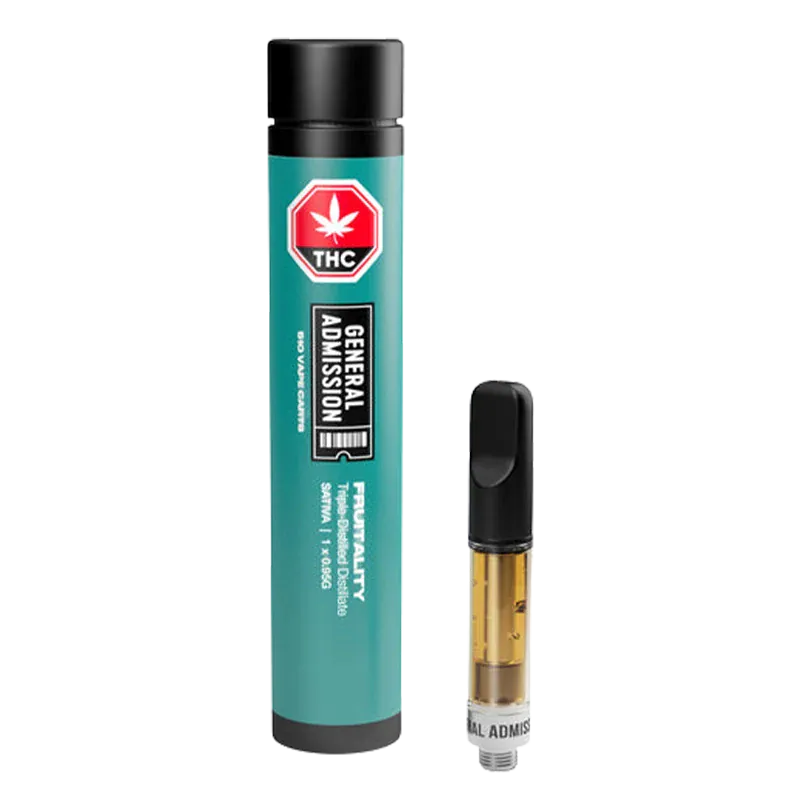 Vertical studio shot of a teal tube and 0.95 g cartridge, the Fruitality Vape Cartridge shown upright with clear golden oil and black mouthpiece.