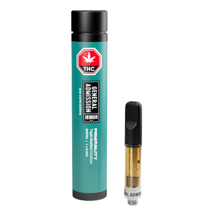 Vertical studio shot of a teal tube and 0.95 g cartridge, the Fruitality Vape Cartridge shown upright with clear golden oil and black mouthpiece.