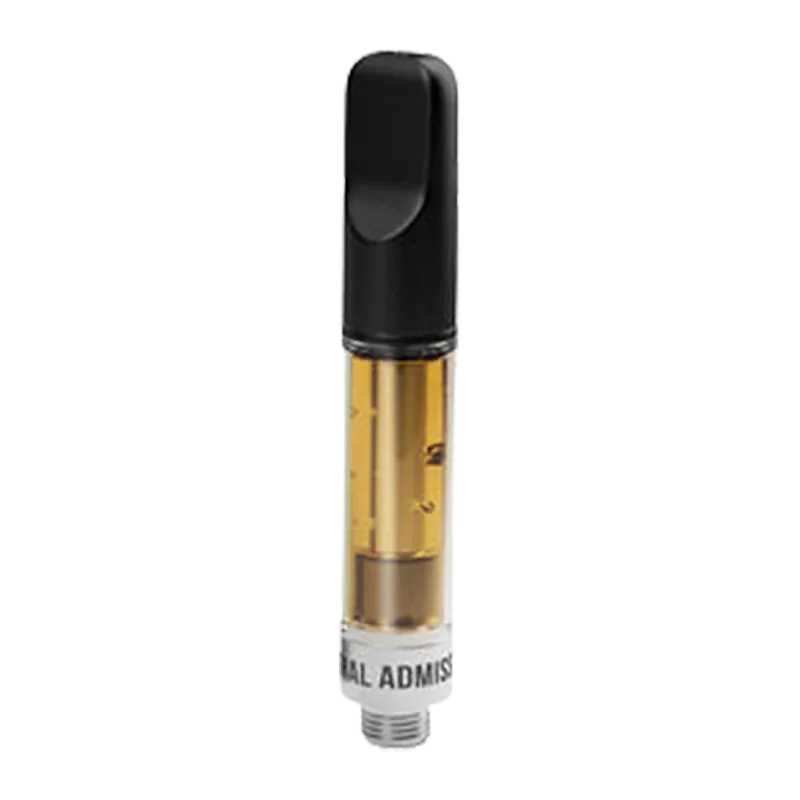 Straight-on close-up of a filled Fruitality Vape Cartridge showing amber oil in a clear chamber and a black mouthpiece against a white background