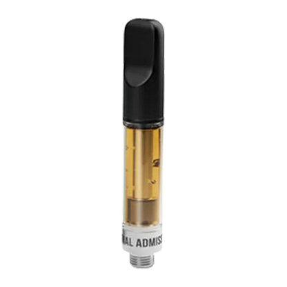Straight-on close-up of a filled Fruitality Vape Cartridge showing amber oil in a clear chamber and a black mouthpiece against a white background