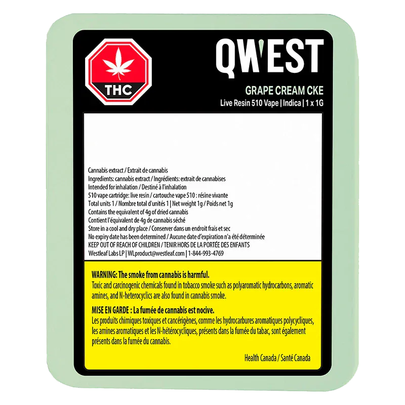 Top-down view of the QWEST Grape Cream Cke Live Resin Vape Cartridge retail label with THC symbol and yellow health warning panel.