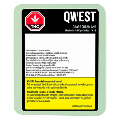 Top-down view of the QWEST Grape Cream Cke Live Resin Vape Cartridge retail label with THC symbol and yellow health warning panel.
