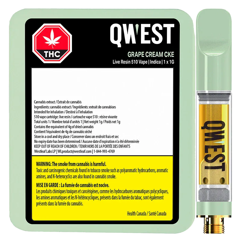 Square front-on shot of the QWEST Grape Cream Cke Live Resin Vape Cartridge package and 1 g cartridge, showing black label text and a mint-green tray.