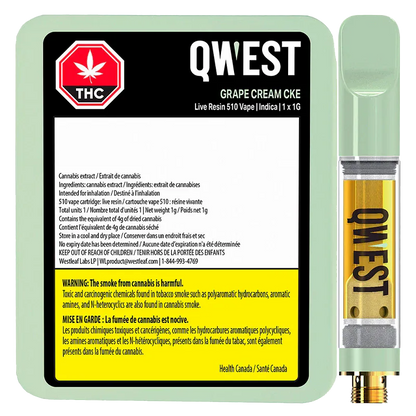 Square front-on shot of the QWEST Grape Cream Cke Live Resin Vape Cartridge package and 1 g cartridge, showing black label text and a mint-green tray.