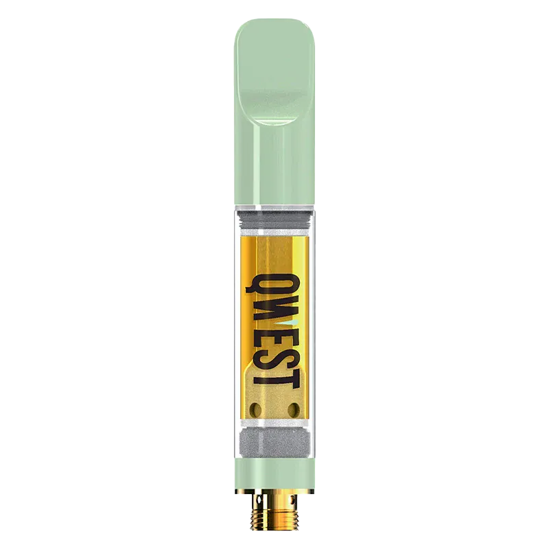 Center-frontal view of a mint‑green Grape Cream Cke Live Resin Vape Cartridge showing the clear chamber filled with golden oil and bold OWEST branding.