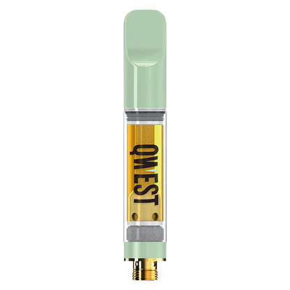 Center-frontal view of a mint‑green Grape Cream Cke Live Resin Vape Cartridge showing the clear chamber filled with golden oil and bold OWEST branding.