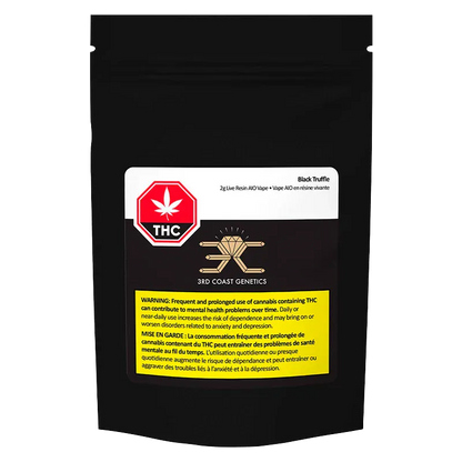 Front-facing shot of the black pouch labeled "Black Truffle Live Resin Disposable Vape" from 3RD COAST GENETICS with a red THC stop sign and yellow warning block.
