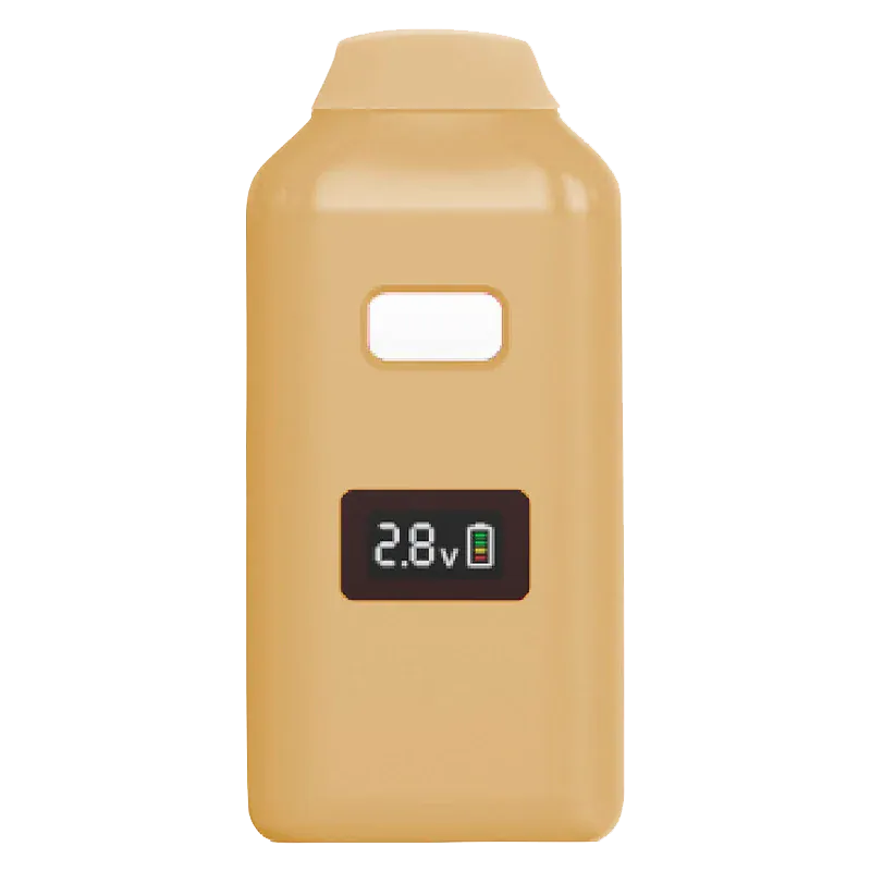 Front-facing close-up of a tan Black Truffle Live Resin Disposable Vape showing a rectangular power display reading "2.8v" and a small mouthpiece cutout.