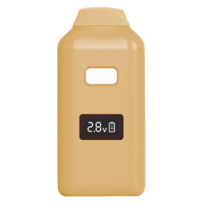 Front-facing close-up of a tan Black Truffle Live Resin Disposable Vape showing a rectangular power display reading "2.8v" and a small mouthpiece cutout.