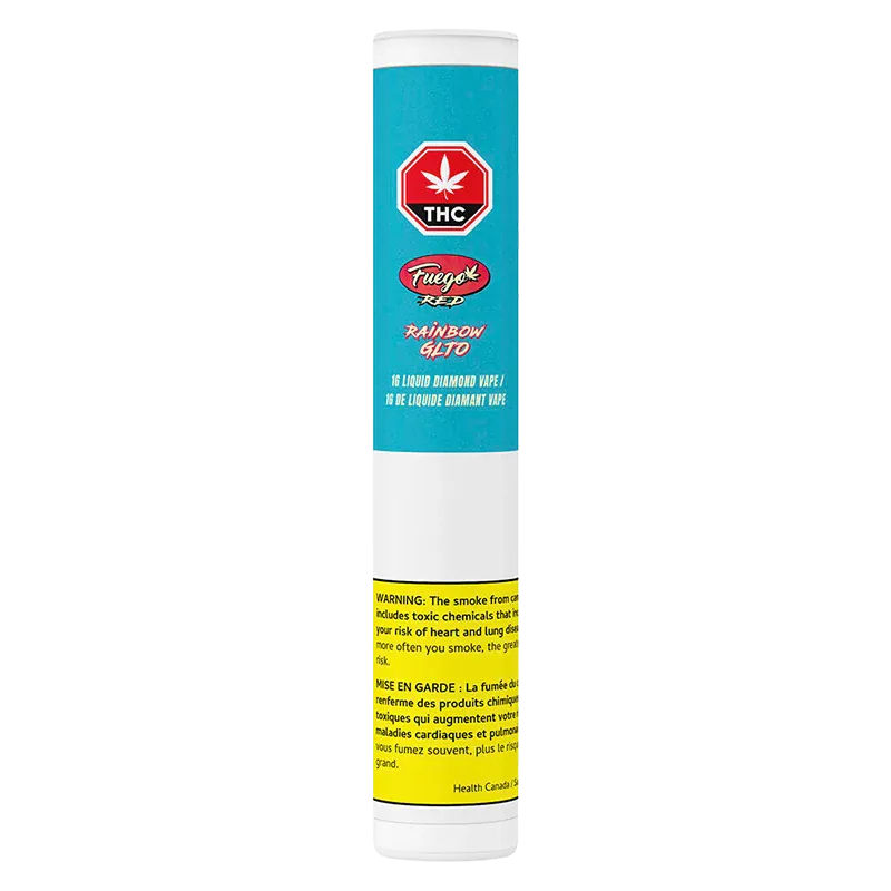 Tall front-facing tube of the Rainbow GLTO Liquid Diamond Vape Cartridge with a turquoise label, THC emblem and yellow warning block.