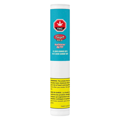 Tall front-facing tube of the Rainbow GLTO Liquid Diamond Vape Cartridge with a turquoise label, THC emblem and yellow warning block.