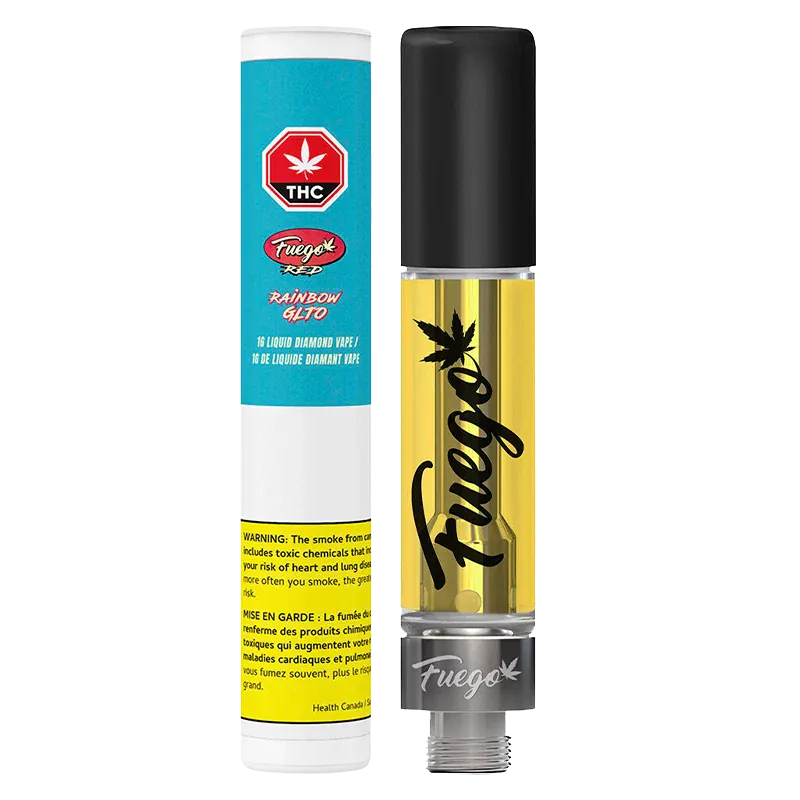 Straight-on product shot of the Rainbow GLTO Liquid Diamond Vape Cartridge by Fuego showing the clear 1 g cartridge filled with golden oil, black cap, and branded packaging beside it.