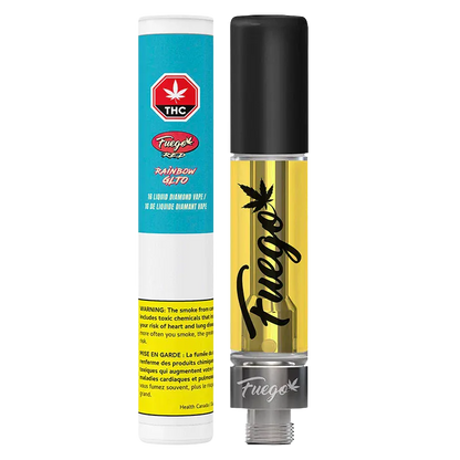 Straight-on product shot of the Rainbow GLTO Liquid Diamond Vape Cartridge by Fuego showing the clear 1 g cartridge filled with golden oil, black cap, and branded packaging beside it.