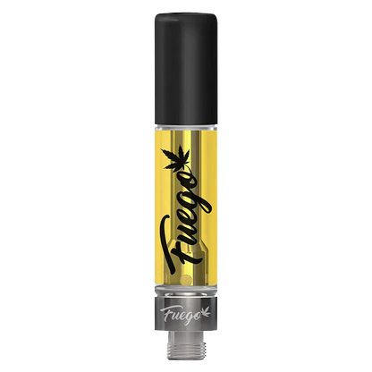 Straight-on view of the Rainbow GLTO Liquid Diamond Vape Cartridge showing its clear yellow oil chamber, black cap, and Fuego logo down the center.