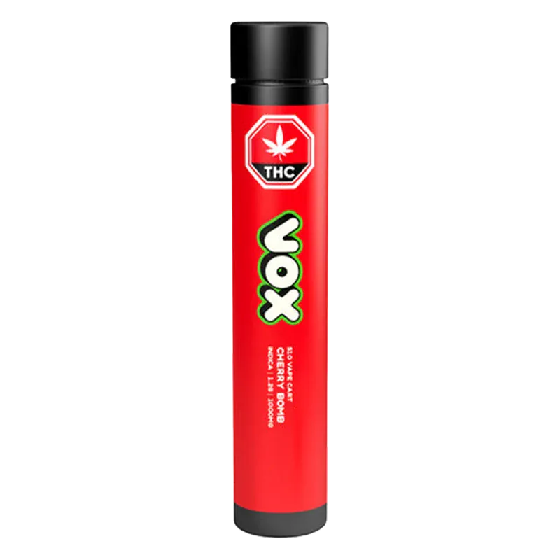 Straight-on view of a tall red Cherry Bomb Vape Cartridge tube with black caps and a vertical VOX logo centered on the label.