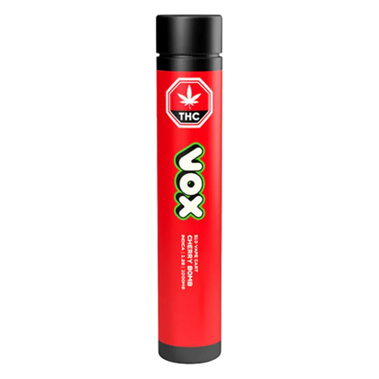 Straight-on view of a tall red Cherry Bomb Vape Cartridge tube with black caps and a vertical VOX logo centered on the label.
