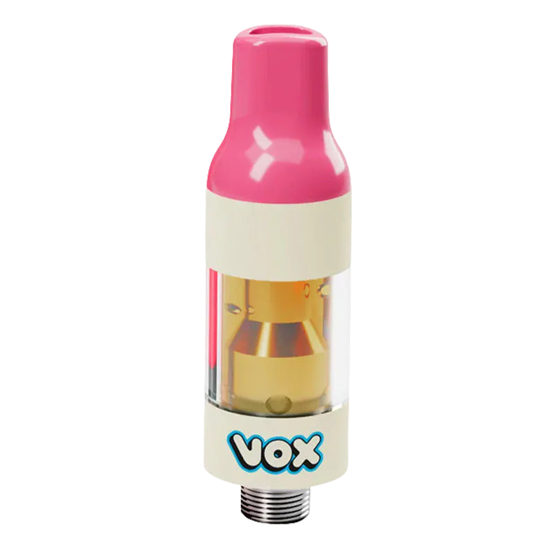 Centered close-up of a pink-topped Cherry Bomb Vape Cartridge showing its clear chamber and gold internal components.