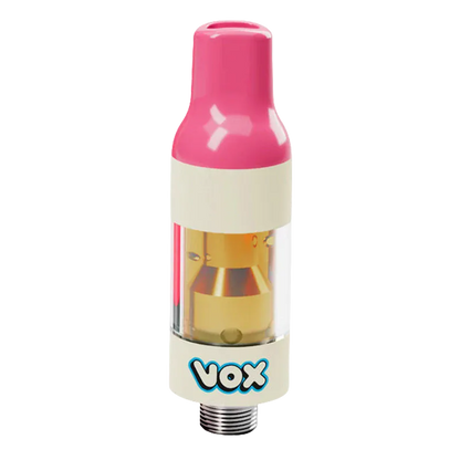 Centered close-up of a pink-topped Cherry Bomb Vape Cartridge showing its clear chamber and gold internal components.