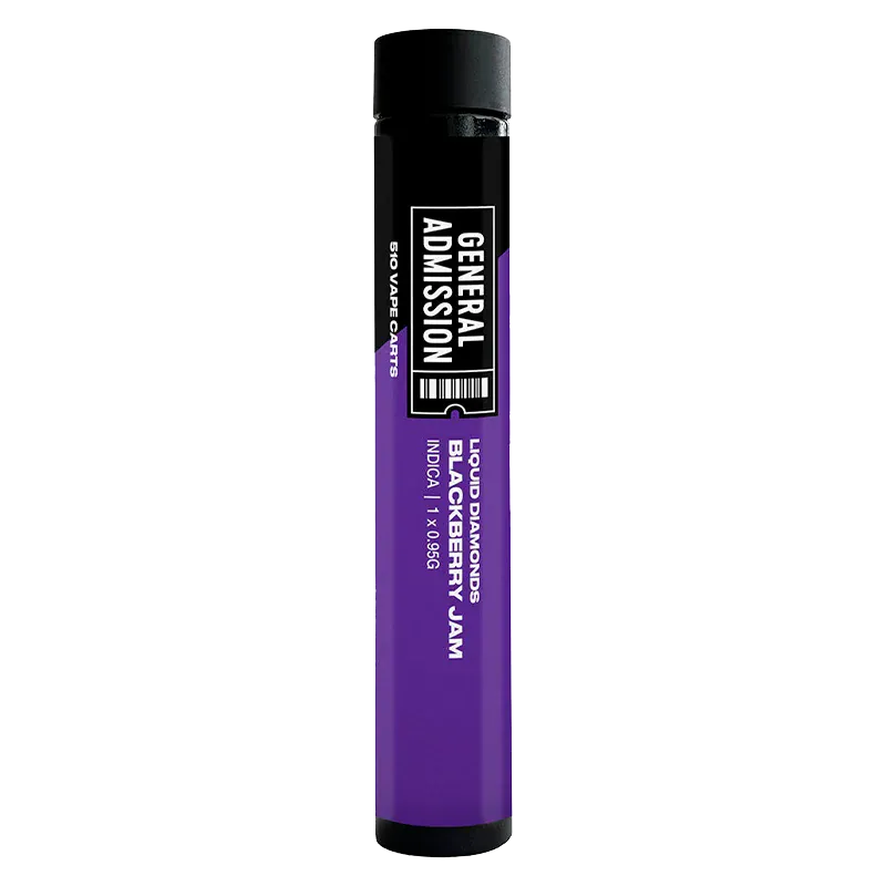 Centered vertical studio shot of a black and purple tube labeled "Blackberry Jam Liquid Diamond Vape Cartridge" from General Admission against a white background