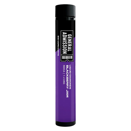 Centered vertical studio shot of a black and purple tube labeled "Blackberry Jam Liquid Diamond Vape Cartridge" from General Admission against a white background