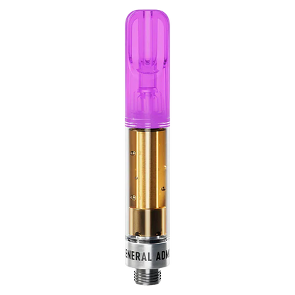 Straight-on studio shot of the Blackberry Jam Liquid Diamond Vape Cartridge with a translucent purple mouthpiece and visible gold oil chamber against a white background