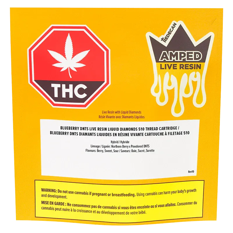 Square front-facing shot of the Amped Live Resin Blueberry DNTS Vape Cartridge packaging on a bright yellow background showing THC emblem and product text.