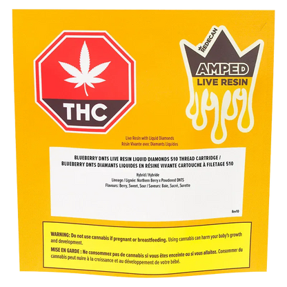 Square front-facing shot of the Amped Live Resin Blueberry DNTS Vape Cartridge packaging on a bright yellow background showing THC emblem and product text.