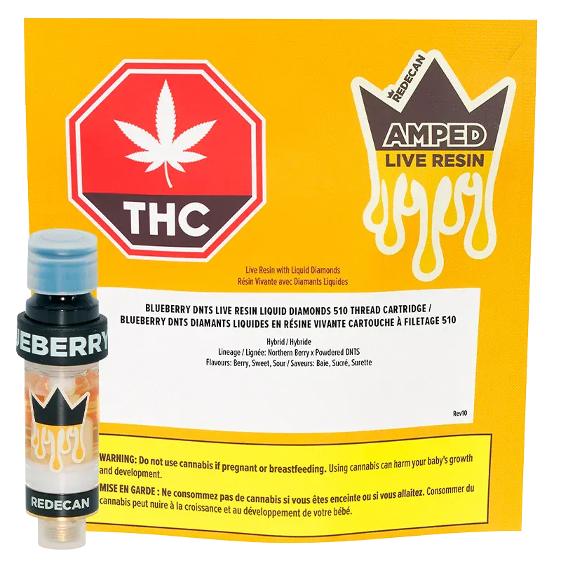 A front-facing shot of the Amped Live Resin Blueberry DNTS Vape Cartridge standing beside its yellow branded packaging, both shown on a white background.