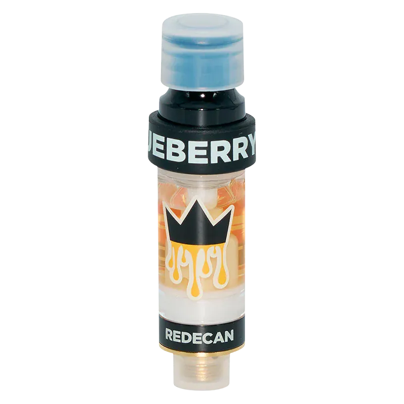 Studio-lit front view of the Amped Live Resin Blueberry DNTS Vape Cartridge showing its clear cartridge with golden resin, black banded labels and pale blue cap.