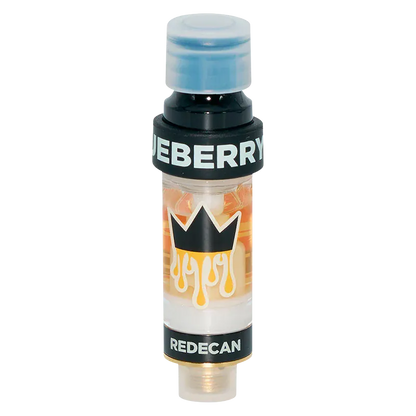 Studio-lit front view of the Amped Live Resin Blueberry DNTS Vape Cartridge showing its clear cartridge with golden resin, black banded labels and pale blue cap.