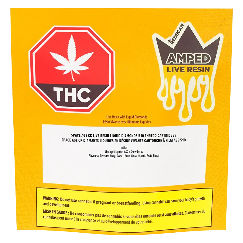 Front view of the bright yellow packaging for Amped Live Resin Space Age CK Vape Cartridge showing THC symbol, logo drip graphic, and warning box.
