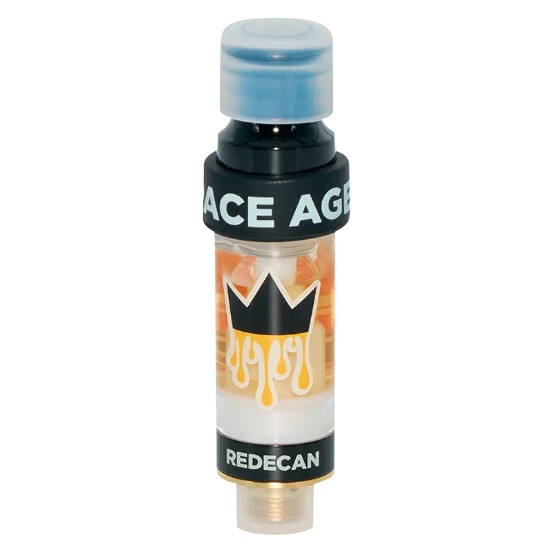 Straight-on close-up of the Amped Live Resin Space Age CK Vape Cartridge showing its clear chamber with amber oil, black "SPACE AGE" band and REDECAN logo.
