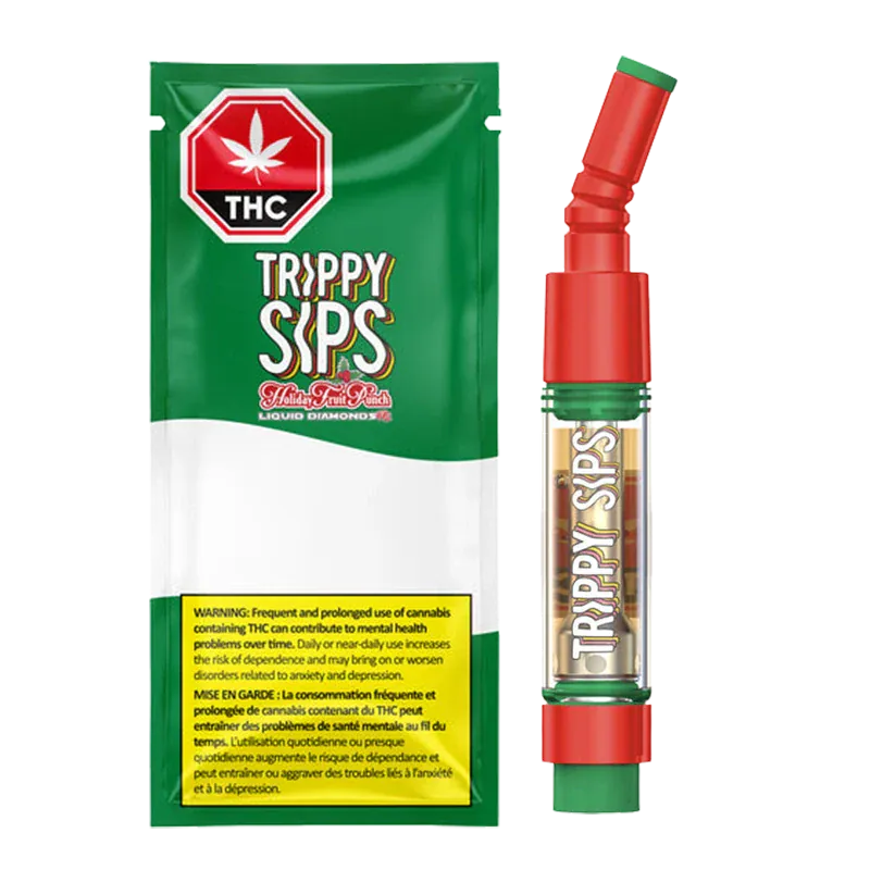 Right-side close-up of the Holiday Fruit Punch Diamond Vape Cartridge by Trippy Sips standing next to its green and white foil pouch.