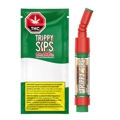 Right-side close-up of the Holiday Fruit Punch Diamond Vape Cartridge by Trippy Sips standing next to its green and white foil pouch.