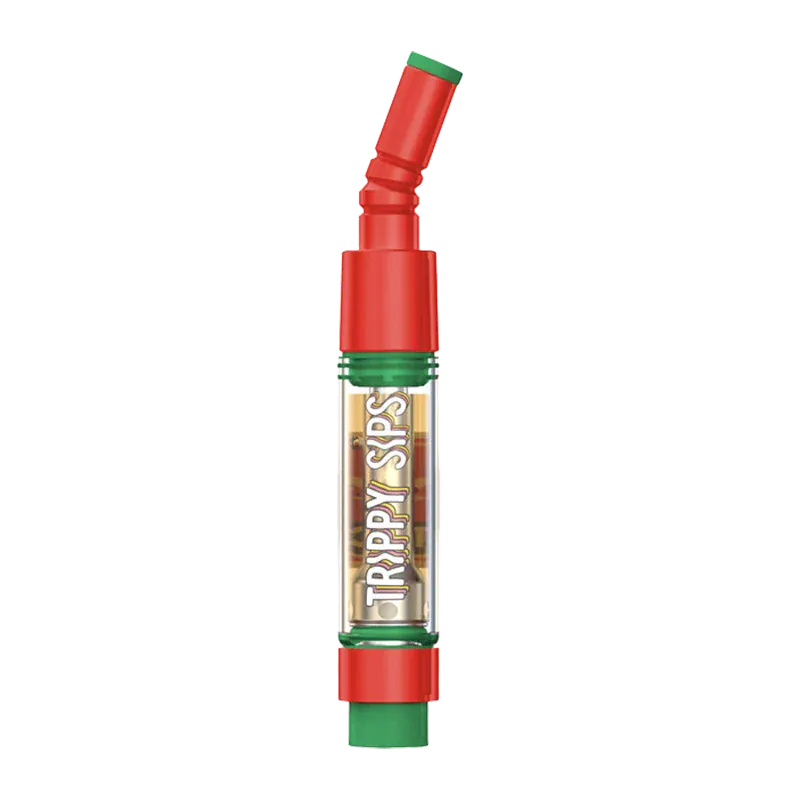 Centered vertical product shot of the Holiday Fruit Punch Diamond Vape Cartridge with a red angled mouthpiece and clear chamber labeled "TRIPPY SIPS" on a white background